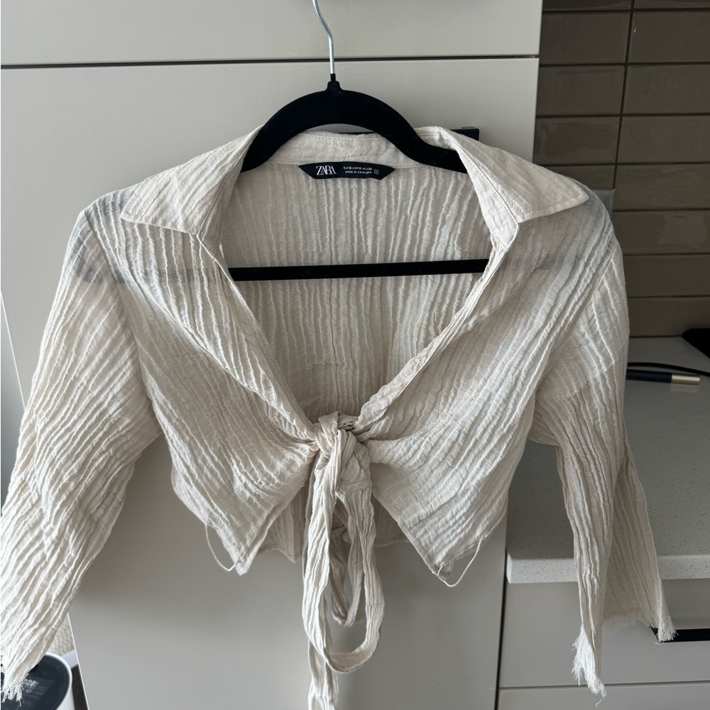 Zara Textured Cream Tie-Front Blouse